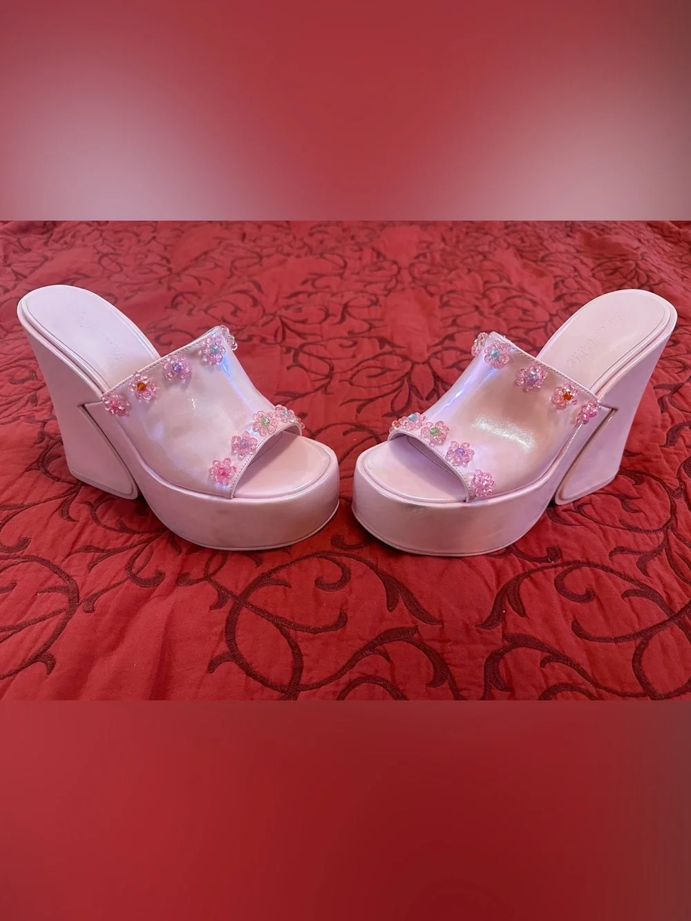 Sugar Thrillz Iridescent Pink Platform Slide Sandals with Floral Gem Details